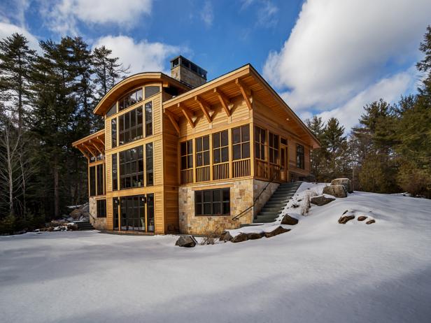 Wood Glass Cabin Exterior Snow
